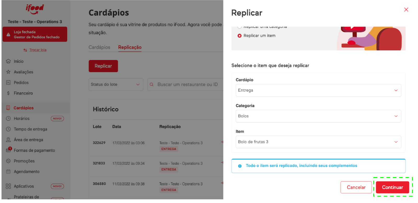 selecionando o item que será replicado
