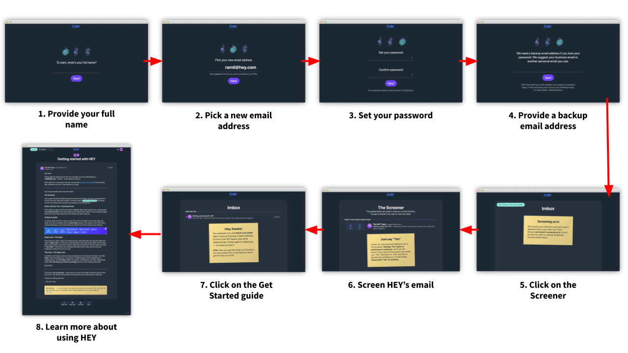 A screenshot showing HEY's step by step user onboarding process
