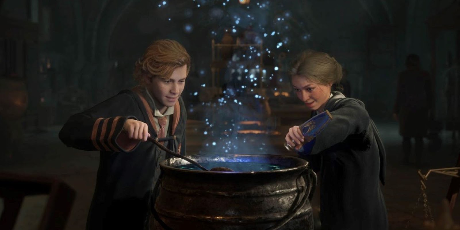Hogwarts Legacy students make a potion together.