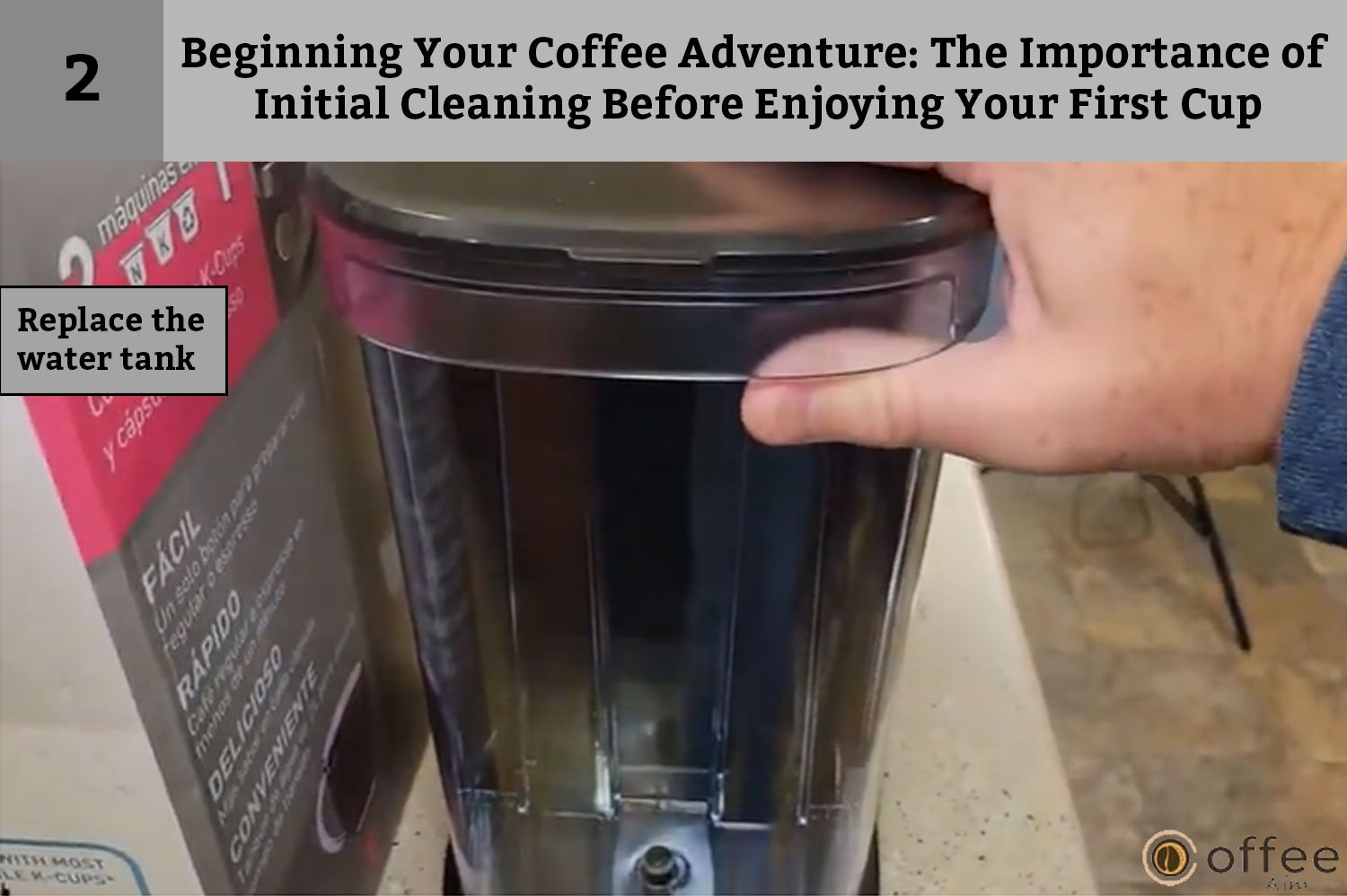 
This image demonstrates the process of "Replacing the Water Tank" in the guide titled "Beginning Your Coffee Adventure: How to Connect Nespresso Vertuo Creatista Machine."