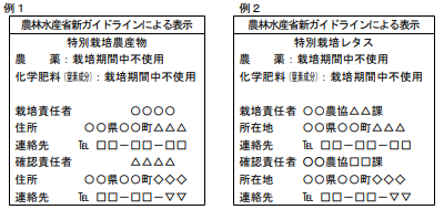 特別栽培農産物の表示例