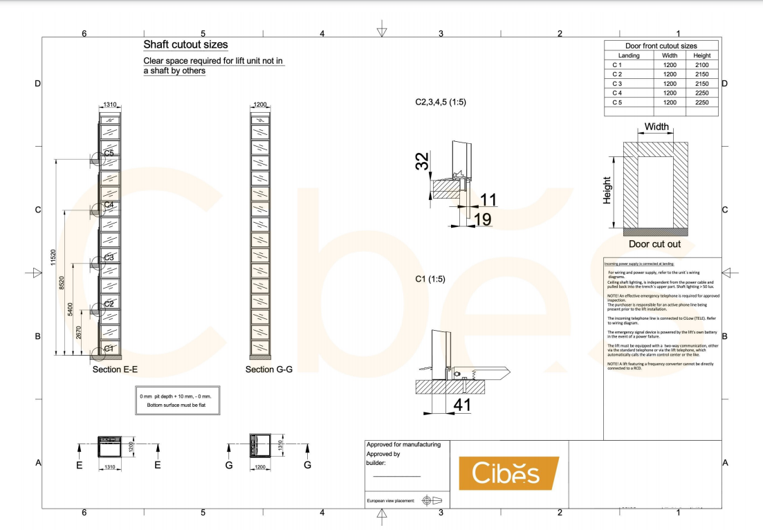 Công trình Cibes A5000 - 1220x1380mm - Bản vẽ giếng thang