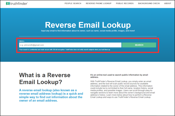 TruthFinder’s Reverse Email Lookup page