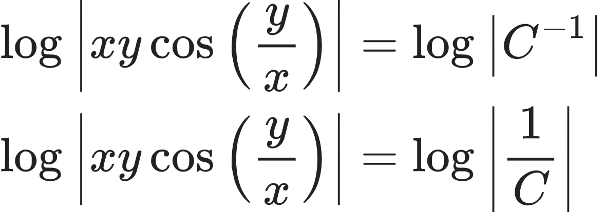 {"type":"align*","code":"\\begin{align*}\n{\\log_{}\\left|xy\\cos \\left(\\frac{y}{x}\\right)\\right|}&={\\log_{}\\left|C^{-1}\\right|}\\\\\n{\\log_{}\\left|xy\\cos \\left(\\frac{y}{x}\\right)\\right|}&={\\log_{}\\left|\\frac{1}{C}\\right|}\t\n\\end{align*}","font":{"color":"#222222","family":"Arial","size":10},"id":"16-1-0-0-0-1-0-1-0-0-1-1-1-1-1-1-1-1-1-0","ts":1604142090763,"cs":"T3Wni30v1f0xawxQxSdcYA==","size":{"width":196,"height":68}}