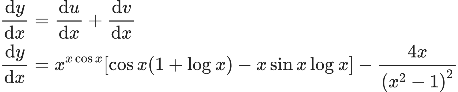 {"font":{"color":"#222222","size":10,"family":"Arial"},"type":"align*","id":"37","code":"\\begin{align*}\n{\\diff{y}{x}}&={\\diff{u}{x}+\\diff{v}{x}}\\\\\n{\\diff{y}{x}}&={x^{x\\cos x}\\left[\\cos x\\left(1+\\log_{}x\\right)-x\\sin x\\log_{}x\\right]-\\frac{4x}{\\left(x^{2}-1\\right)^{2}}}\t\n\\end{align*}","ts":1598352429594,"cs":"/Tc1iRFUMspQxh6rj99tYQ==","size":{"width":386,"height":77}}