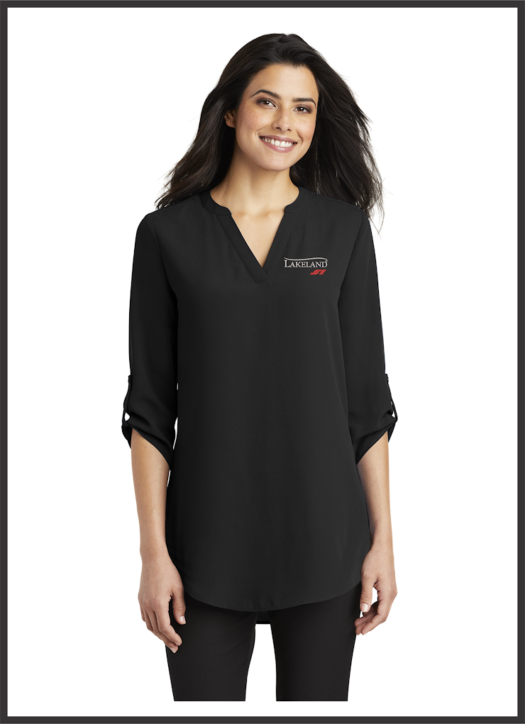 Transition seamlessly from professional life to play in this comfortable and flattering tunic blouse.


4.1-ounce, 100% polyester crepe
Split V-neck
Metal buttons
Roll sleeves with button tabs
Longer tunic length
Gathered back detail