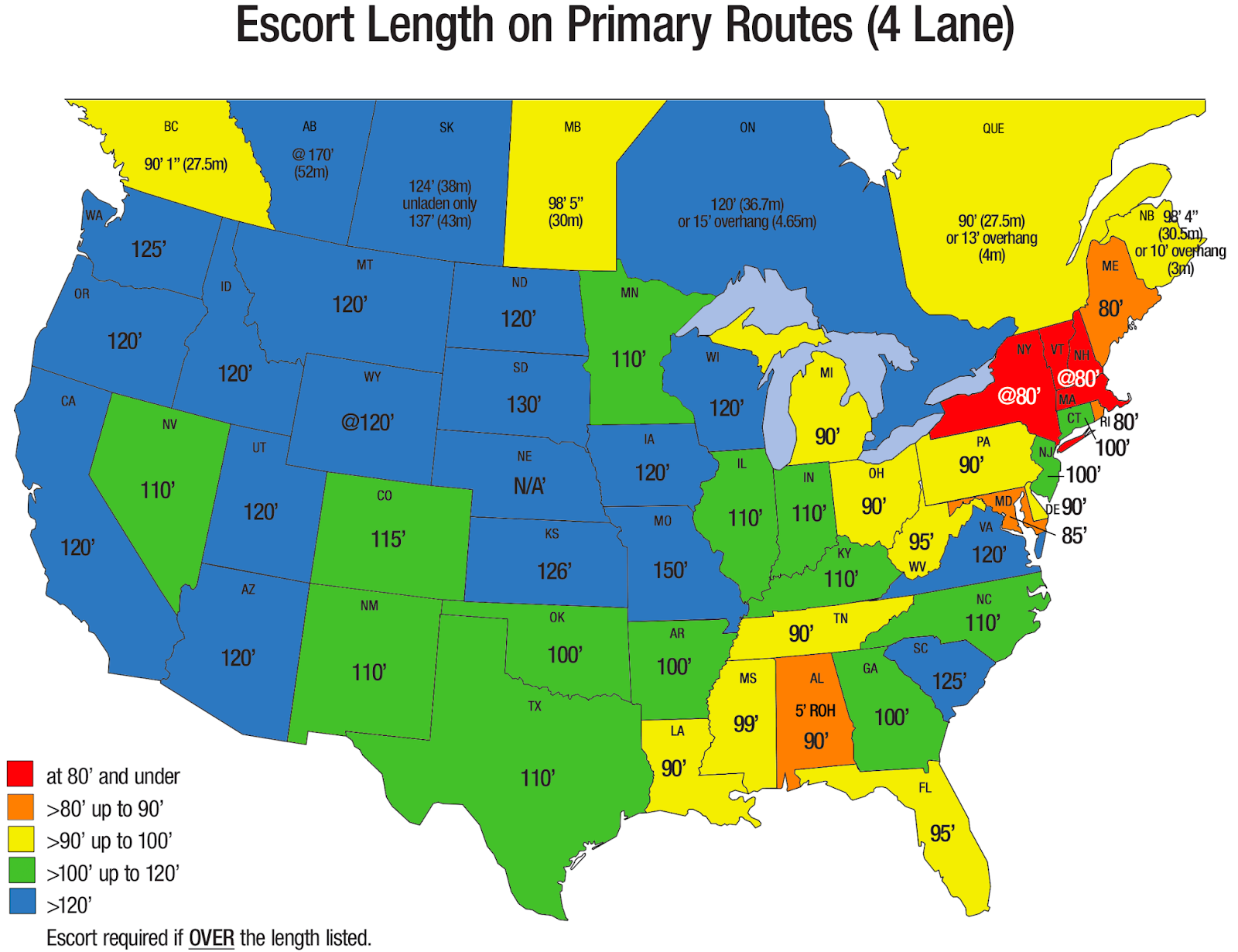 Escorts Required In Each State for Width on Four Lane Road