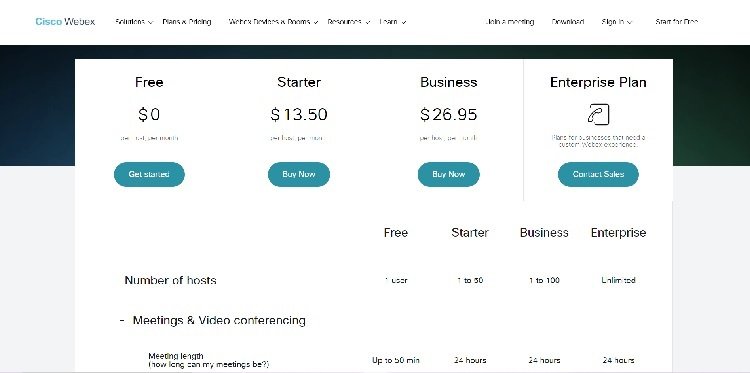Cisco WebEx Pricing Page