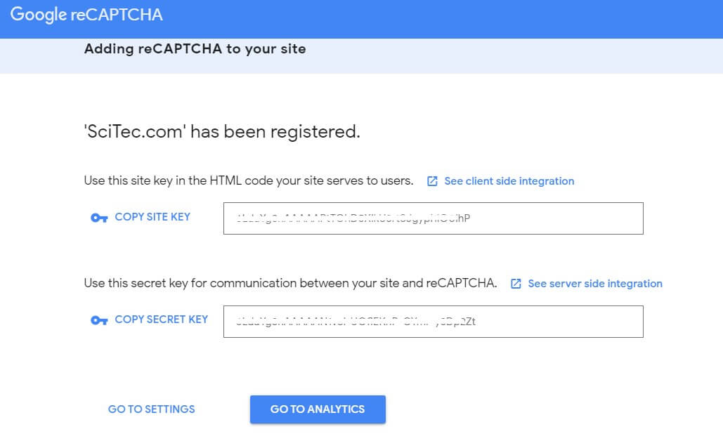 how to use recaptcha: copy site and secret key