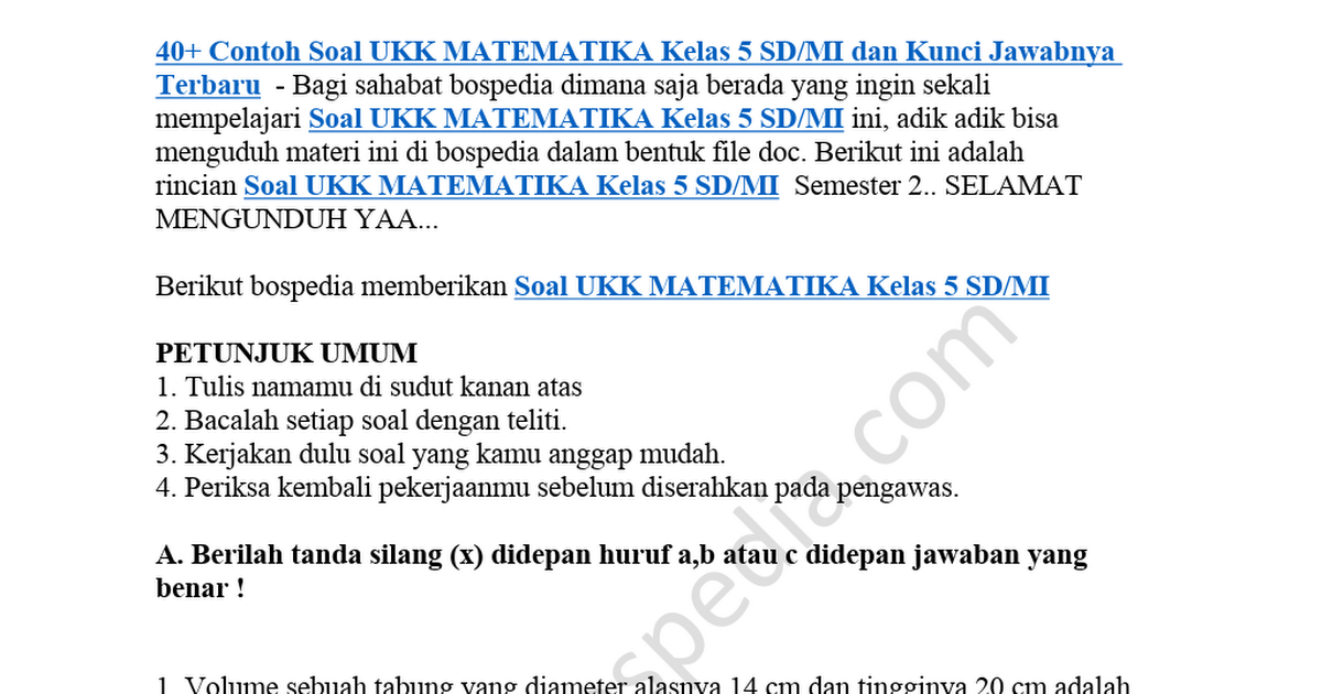 40 Contoh Soal Ukk Matematika Kelas 5 Sd Mi Dan Kunci Jawabnya