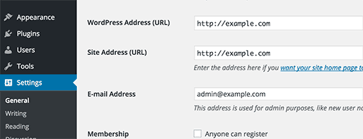 Configurações de endereço do WordPress e endereço do site
