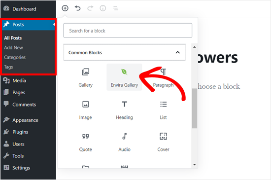 Adicionar bloco Envira ao editor de postagem do WordPress
