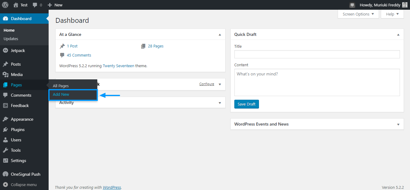 adicionando uma nova página no wordpress admin