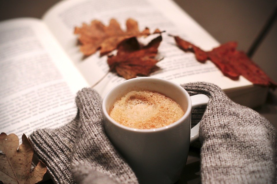 A cup of frothy coffee being held by hands with long sleeves, and reading a book with autumn leaves on it as ideas for making your home warm