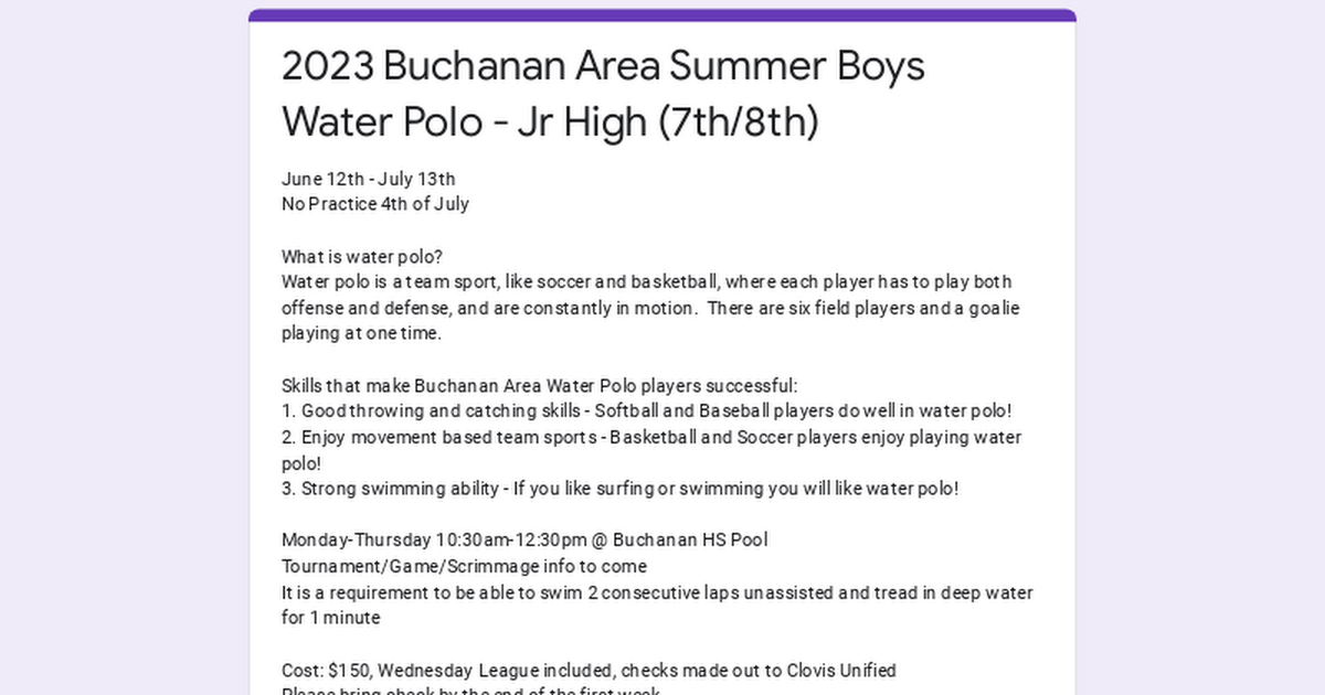 2023 Buchanan Area Summer Boys Water Polo - Jr High (7th/8th)