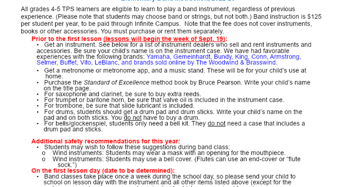 Elementary Band Instruction, 2022-23