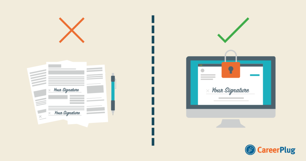 A visual with an image of paperwork with a big red 'X' over it and a computer screen displaying digital onboarding with a big green tick over it. 