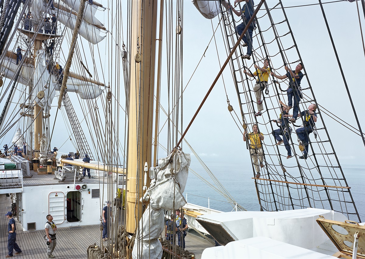 Crew and Cadets Climbing the Rigging, USCGC Eagle, Atlantic Ocean, 2012