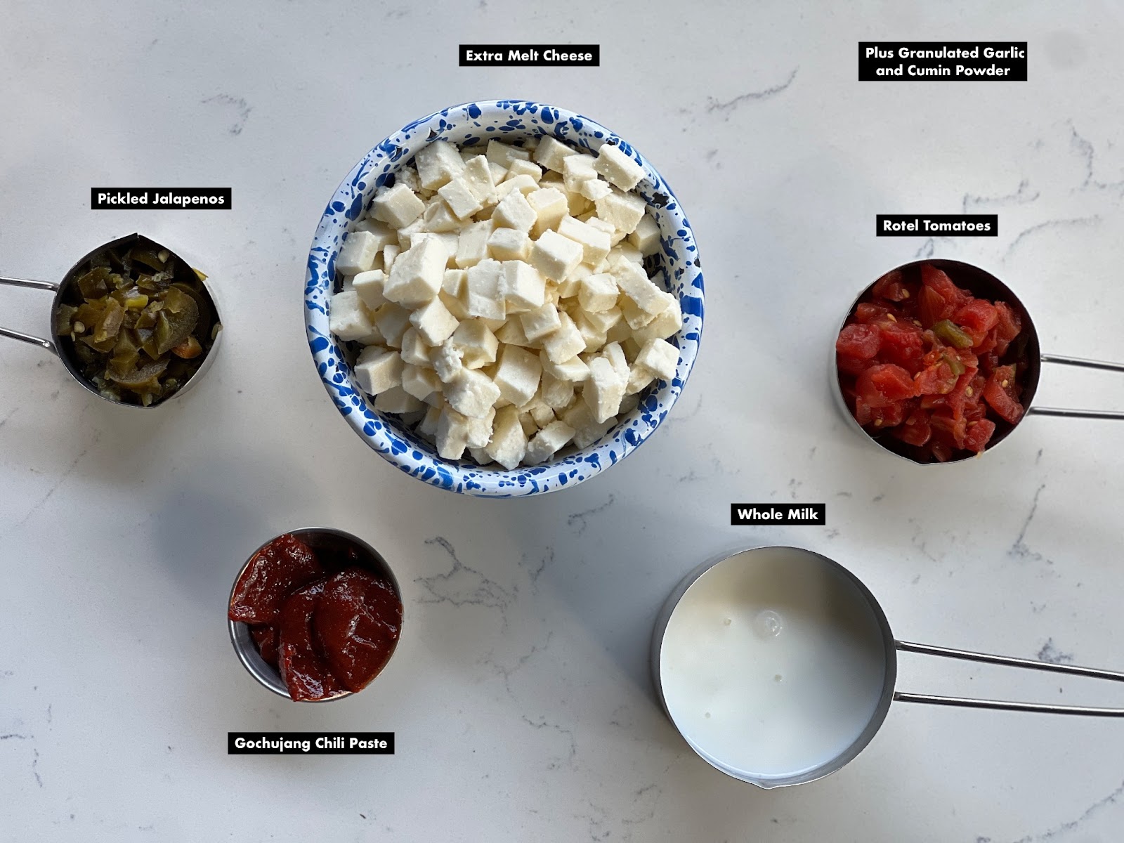 ingredients in the restaurant style queso recipe include cheese, jalapeños, chili paste or hot sauce, whole milk and ro-tel tomatoes