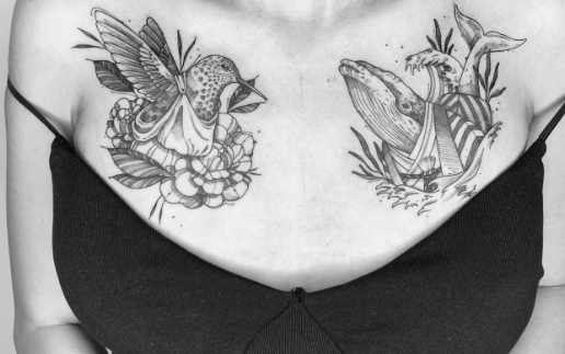 Dolphin & Birds Chest Tattoo For Women
