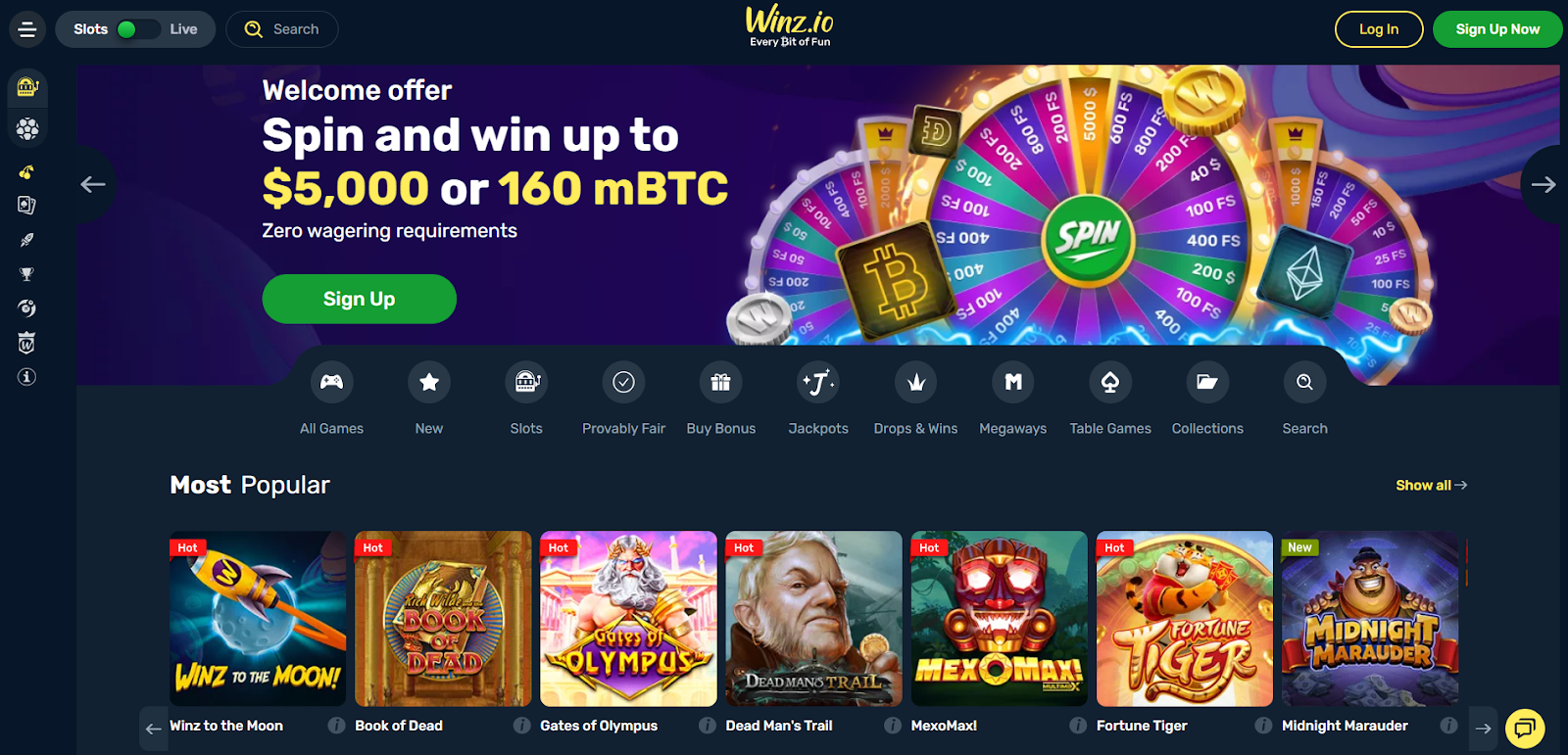 Winz.io Online Casino Main Lobby