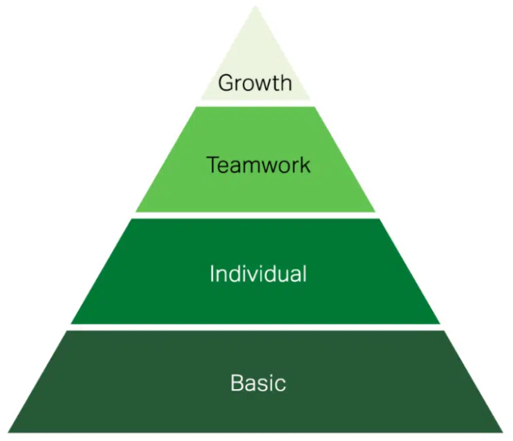 A triangle in different shades of green. From base to top: Basic, Individual, Teamwork, Growth.