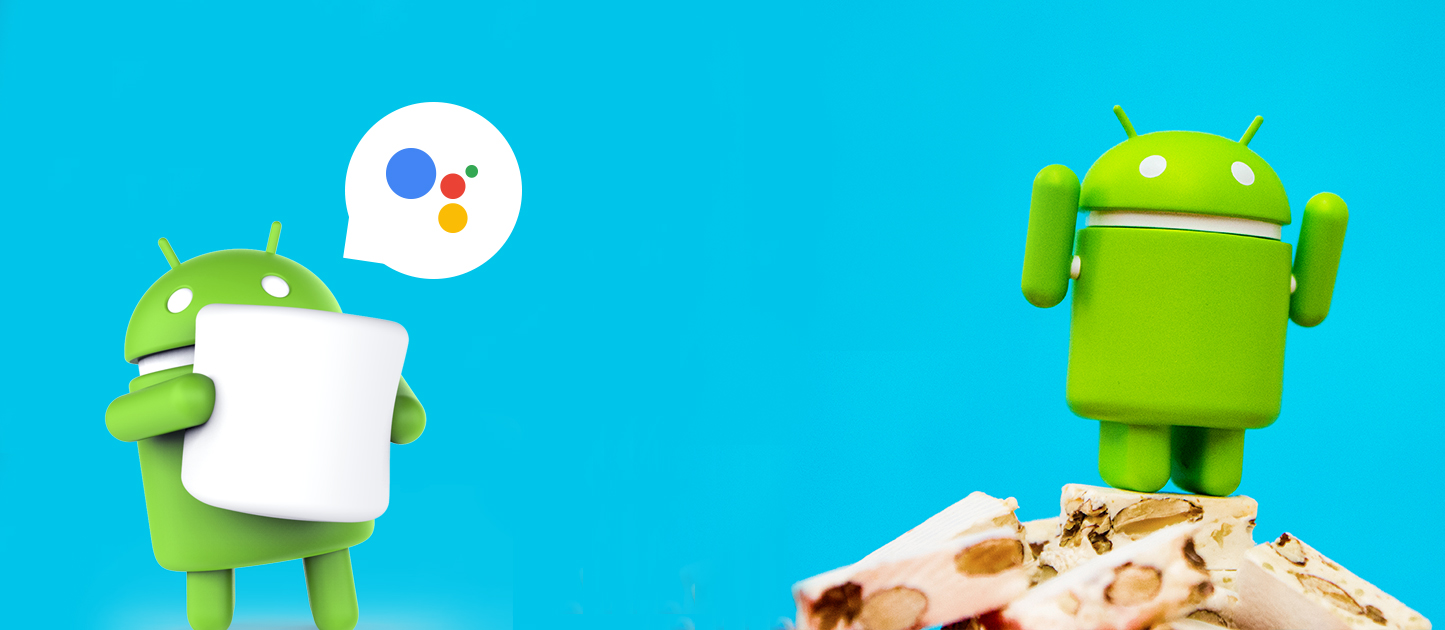 Due Android verdi con sfondo blu.