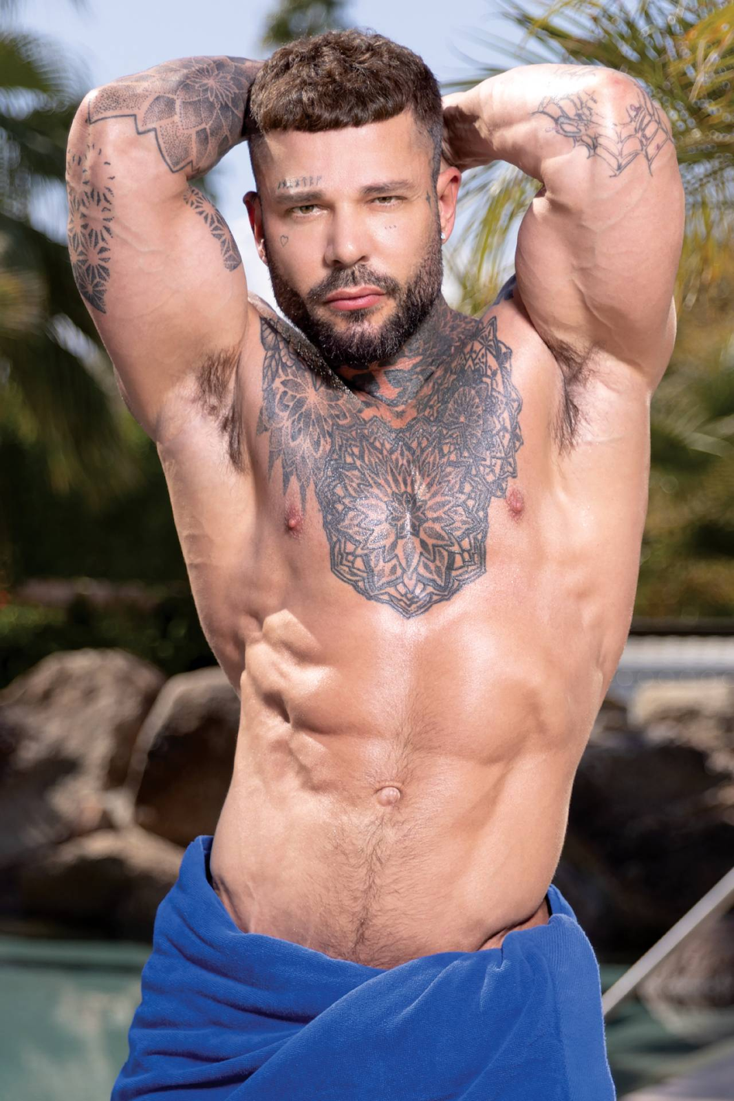 Danny Starr posing and wearing a blue towel with his hands behind his back for a promotional gay porn still
