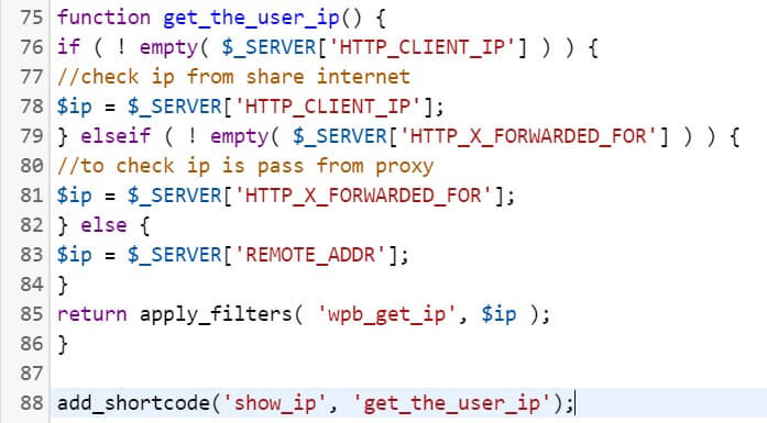 Screenshot showing where to paste code snippet. How to Get and Display a User’s IP Address in WordPress