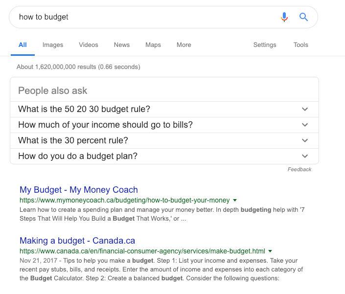 Example SERP showing results for How to Budget