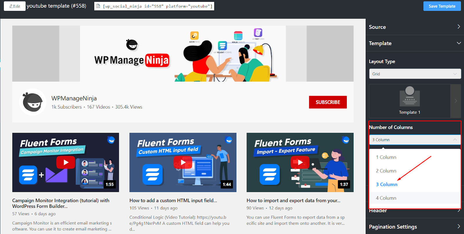 youtube template layout number of colums