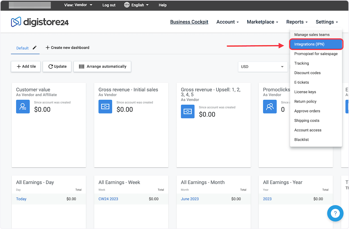 Navigate to Settings > Integrations (IPN).