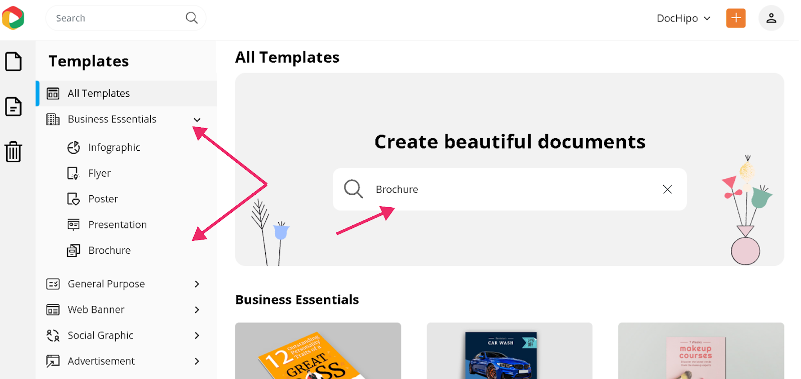 DocHipo homepage to search business brochures