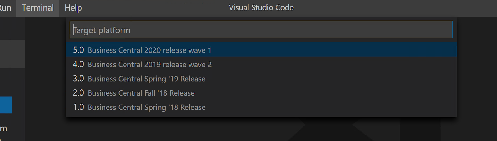 Available Business Central platforms in VS Code