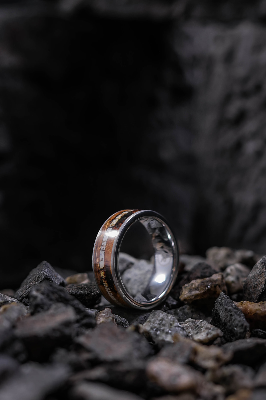Jack Daniels - Brushed tungsten with charred whiskey barrel & deer antler inlay wedding ring