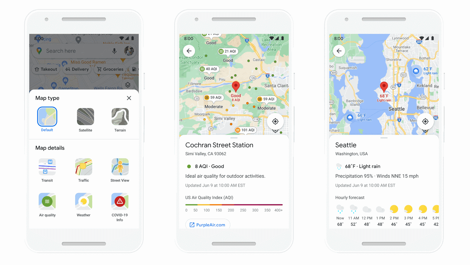 Trois écrans de téléphone affichent la fonction de couche météo dans Google Maps