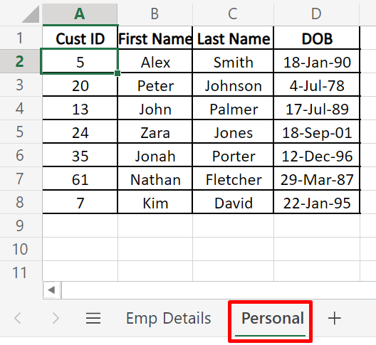  Excel sheet with personal details 