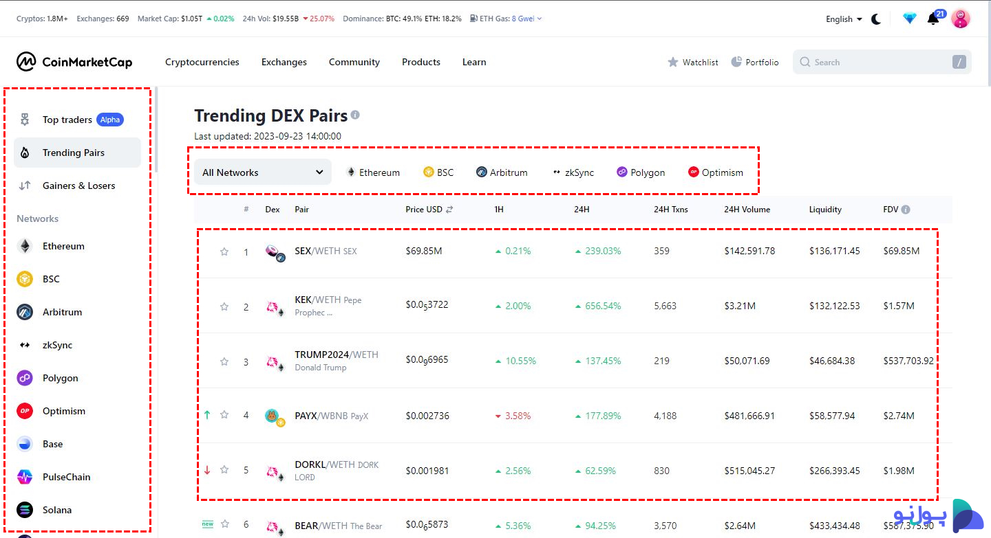 بررسی و آموزش بخش Dex Pairs در سایت کوین مارکت کپ