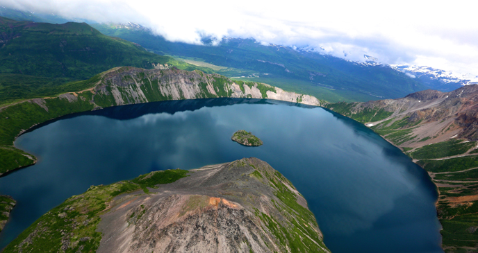 Aerial view of lake in Kaguyak Crater