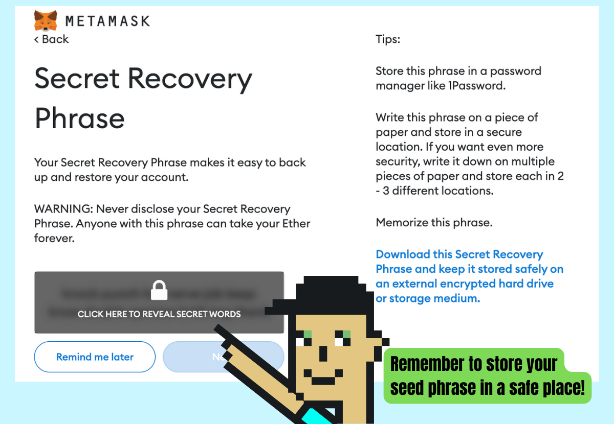 MetaMask secret recovery phrase reveal screen.