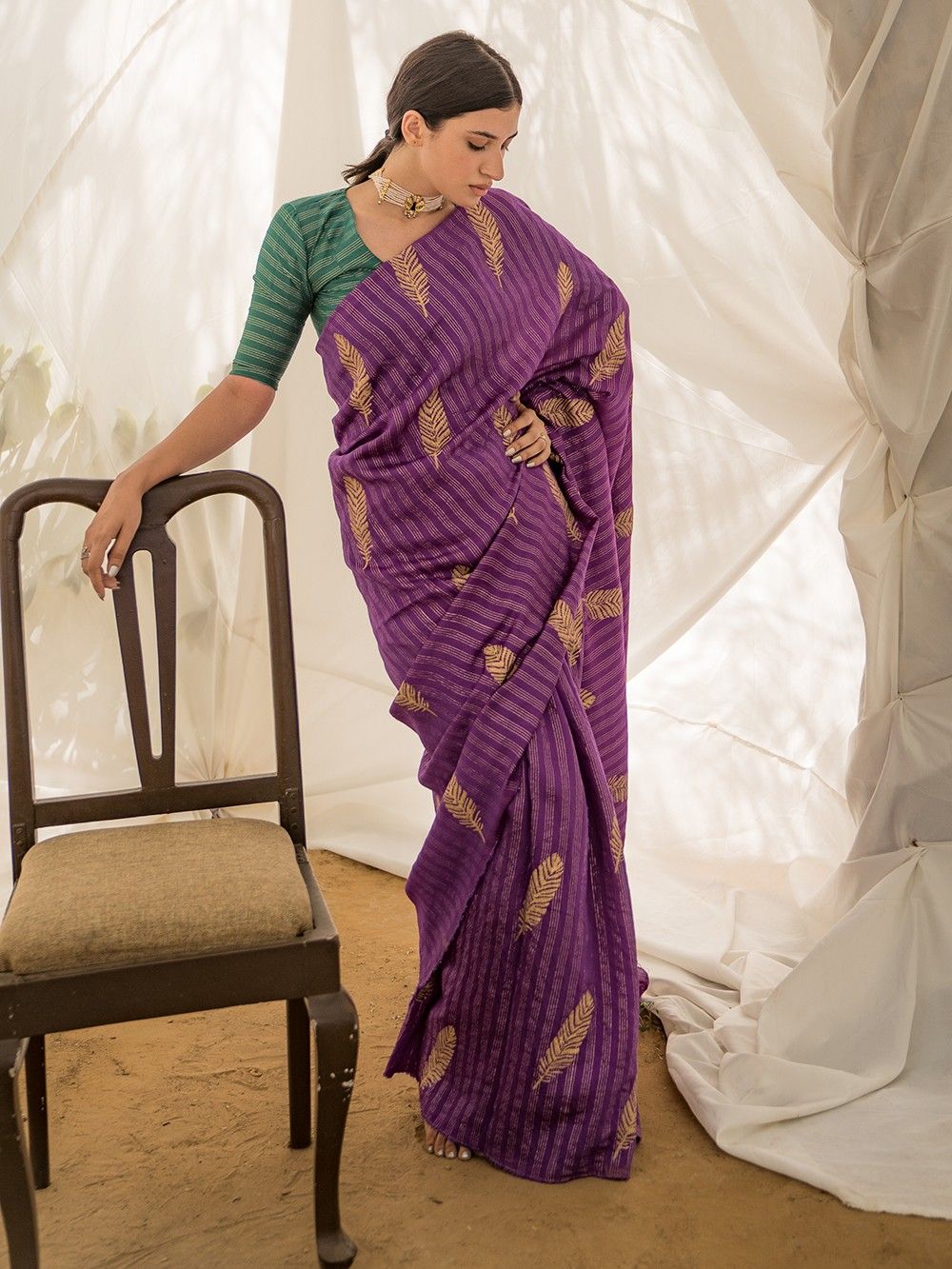 the loom - Purple Hand Block Printed Chanderi Saree