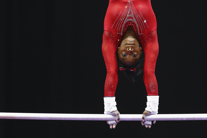 HARTFORD, CT - JUNE 04: Simone Biles warms up for the uneven bars competition during the Sr. Women's 2016 Secret U.S. Classic at the XL Center on June 4, 2016 in Hartford, Connecticut.   Maddie Meyer/Getty Images/AFP