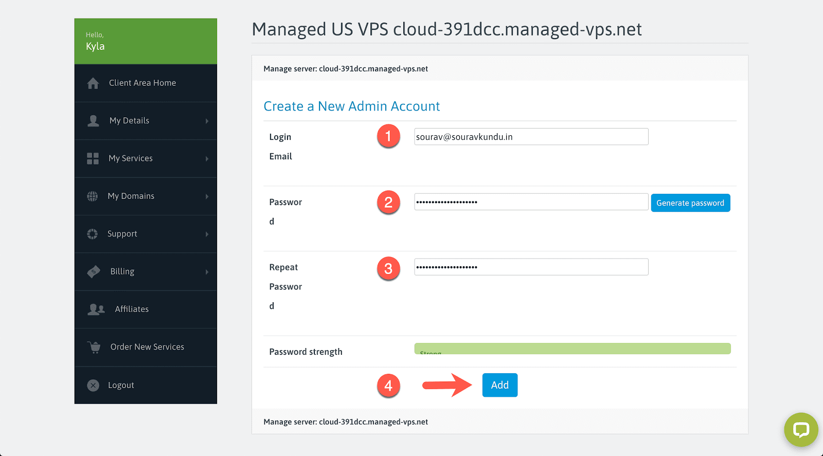 scala hosting set admin spanel password vps passo 5