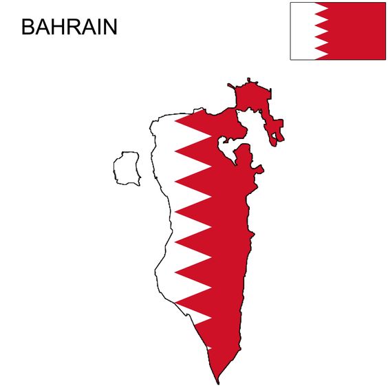 A map of Bahrain, colored in with the pattern of the flag.