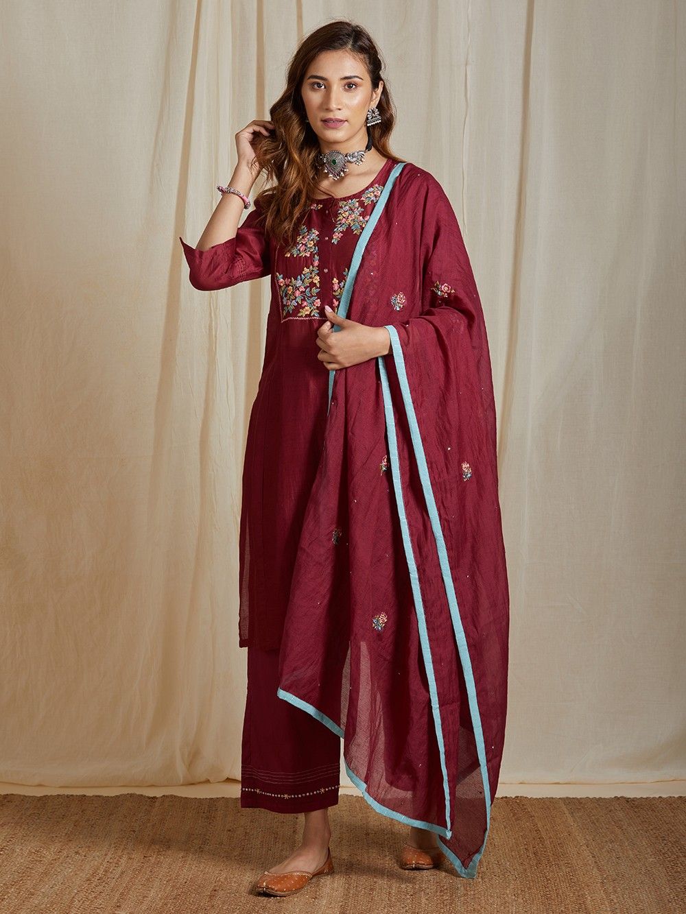 the loom - Maroon Chanderi Kurta