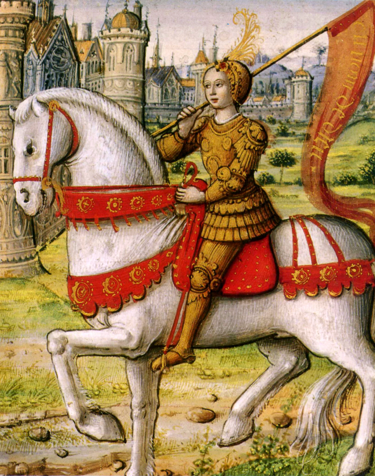 Painting of Jean of Arc on a white horse in armor. A fortified city is in the background.