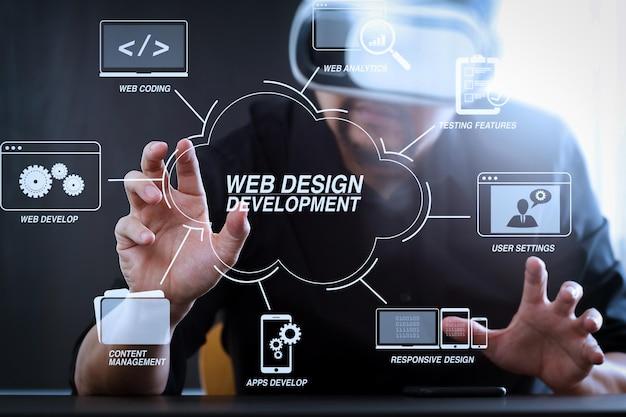 Photo developing programming and coding technologies with website design in virtual diagram