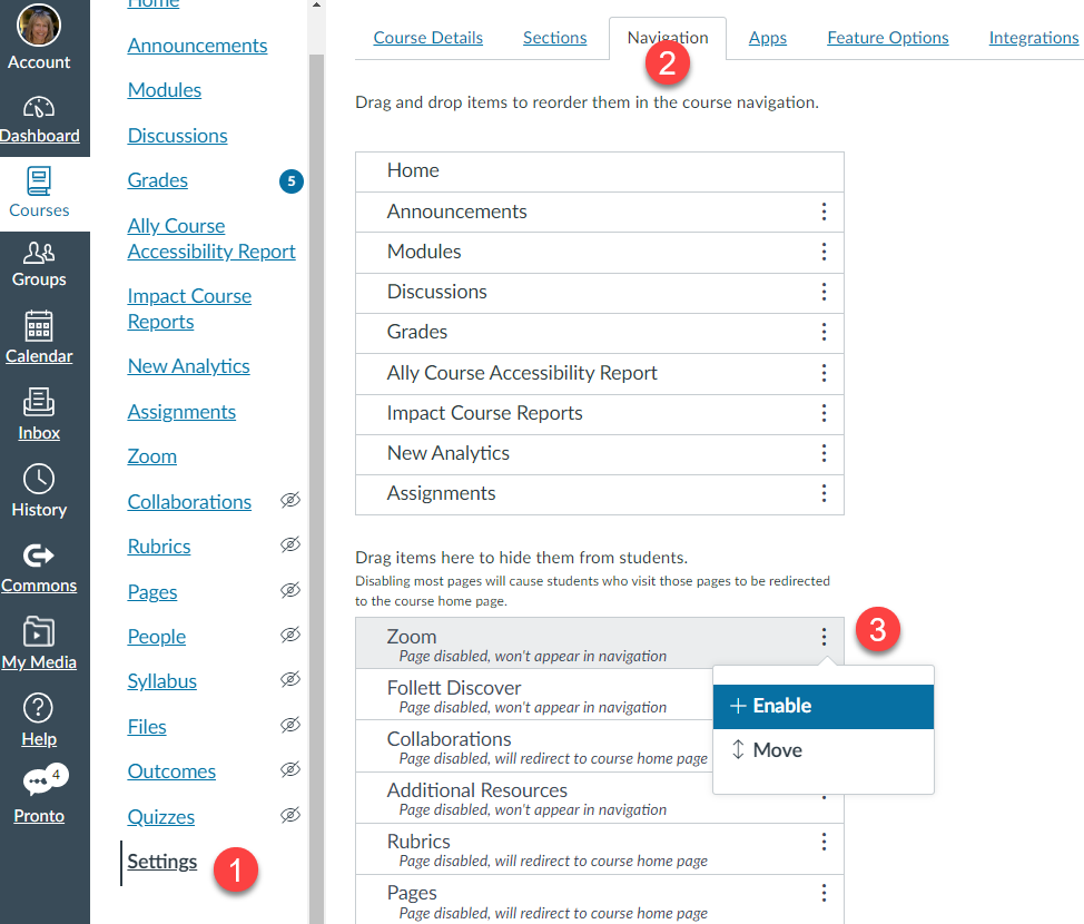 canvas course page with settings highlighted