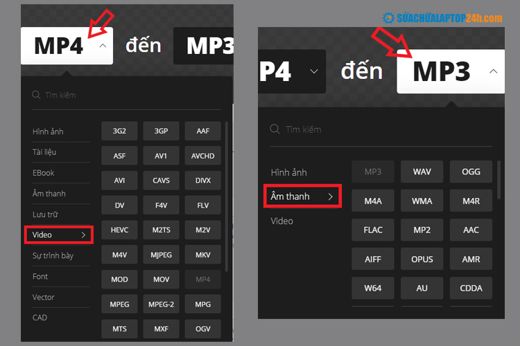 Tùy chọn dạng file video và âm thanh, tại đây chúng tôi chọn MP4 to MP3