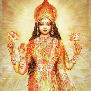 Devi, the four-armed goddess, holds flowers in two hands and wears a golden and red sari adorned with jewelry and a heavily embellished headpiece. Her curly raven hair flows down her back.
